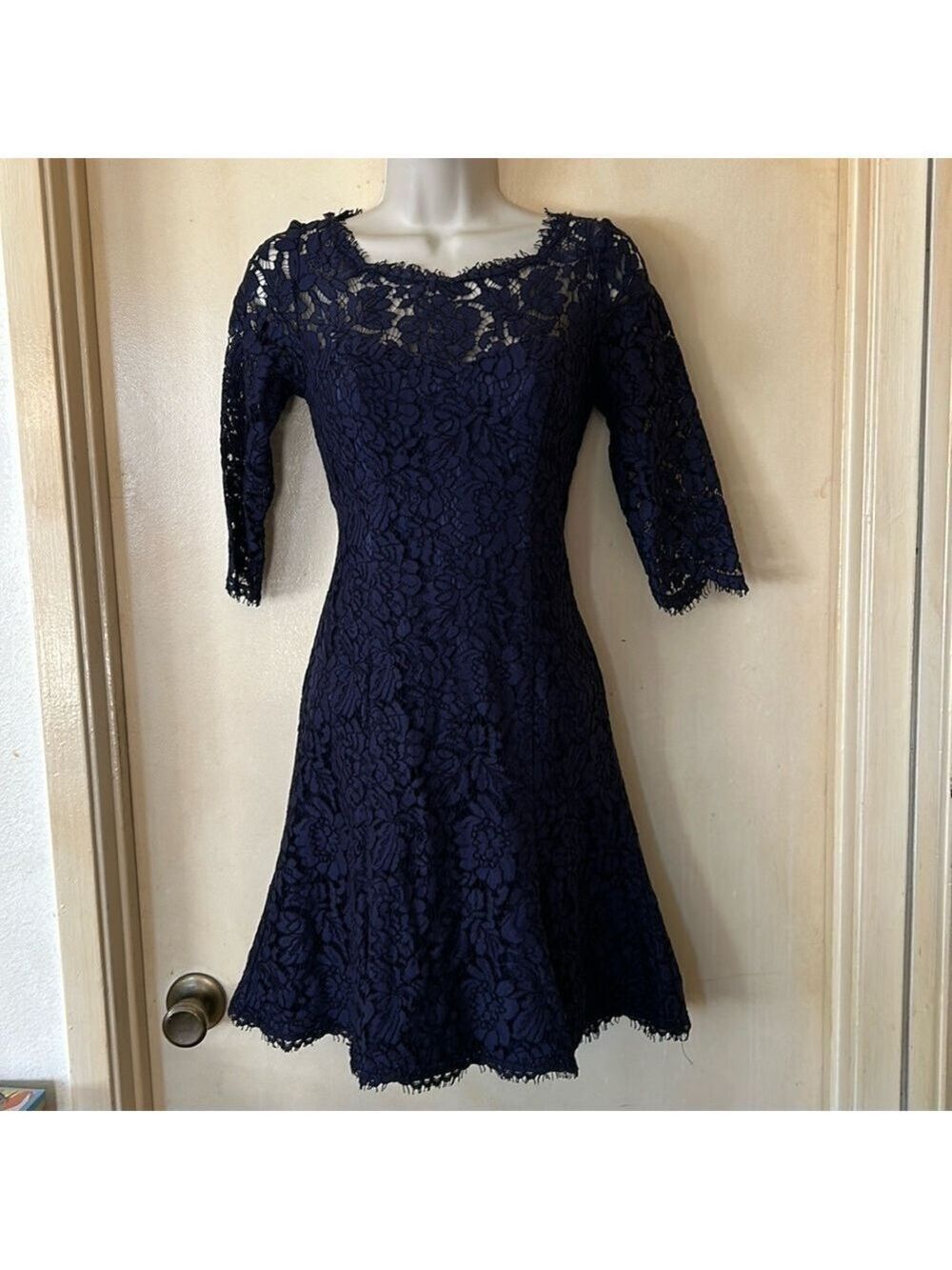 Eliza J navy blue illusion neckline lace swing dress size 0P
